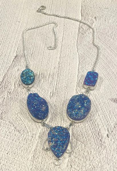 Statement Blue Titanium Druzy & 925 Sterling Silver Multi-Stone Bib Necklace – 20.5"