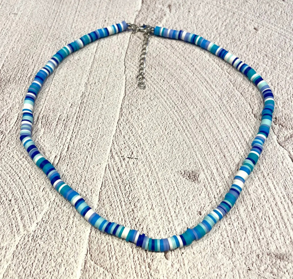 Men's Ocean Hues Beaded Necklace - Adjustable Blue & White Disk Beads
