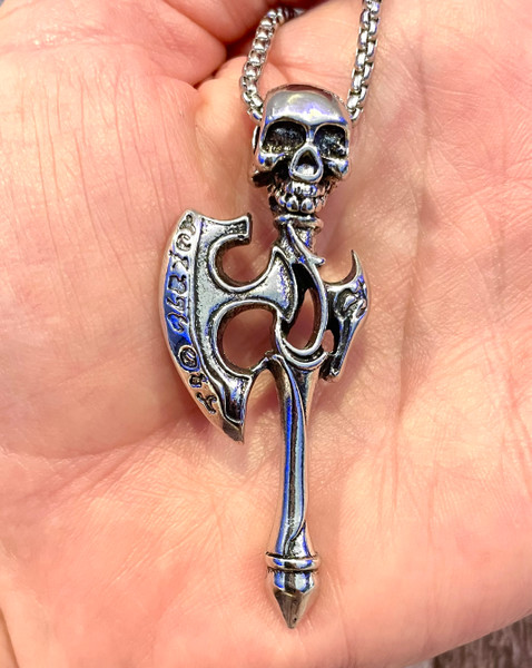 Men's 316L Stainless Steel Viking Skull Axe Pendant Necklace - Gothic Biker Jewelry