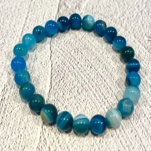 Blue Banded Agate Beaded Stretch Bracelet - 8mm Natural Stone - Unisex Jewelry (8")