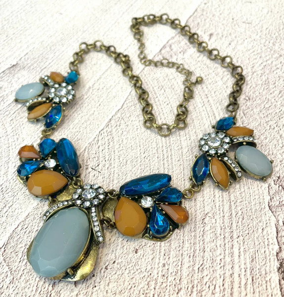 Rhinestone & Cabochon Antiqued Gold Tone Statement Necklace | Just Ship It Shop