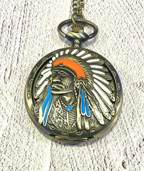 Antique Bronze Native American Pocket Watch - Wild West Style Necklace