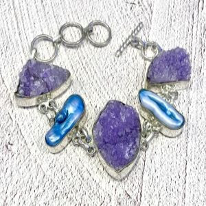 Handcrafted Raw Amethyst Druzy & Baroque Pearl Toggle Bracelet in .925 Sterling Silver