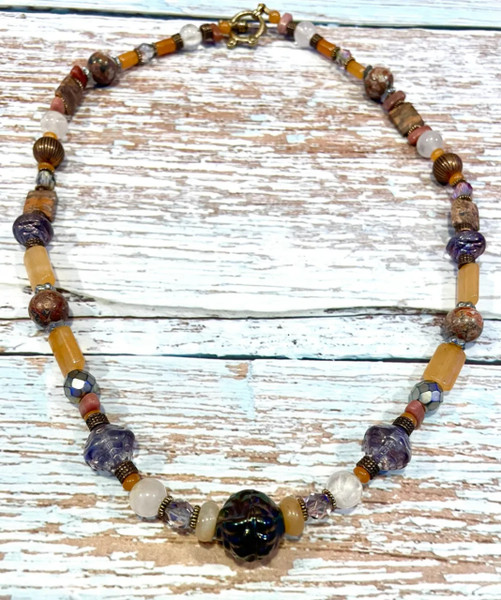 Artisan Handcrafted Mixed Natural Stone Necklace - Agate, Rhodonite & Aventurine - 19"