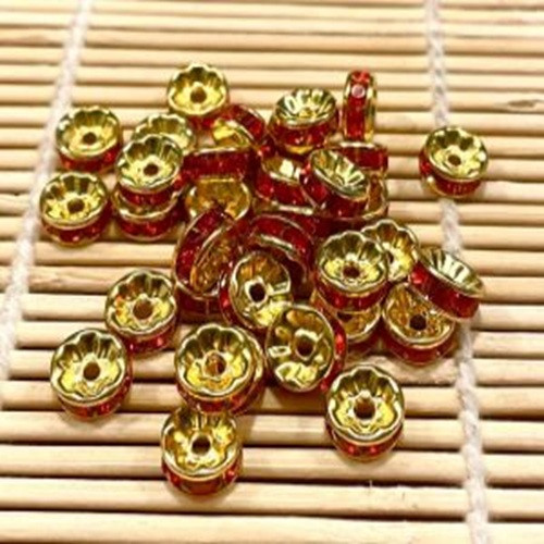 8mm Rondelle Spacer Beads with Red Rhinestones, Gold Plated (50 Pack)