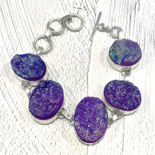 Iridescent Purple Titanium Druzy Sterling Silver Link Bracelet – Handmade Artisan Jewelry