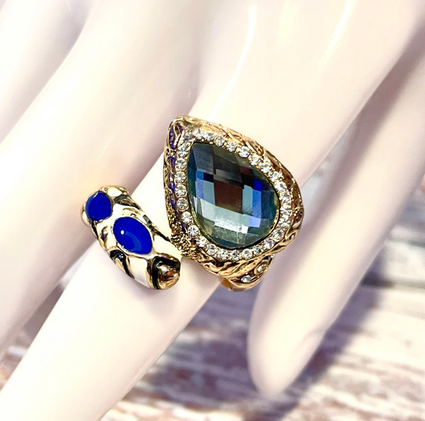 Vintage Turkish Blue Crystal Statement Ring Size 9 | Ottoman Bypass Ring