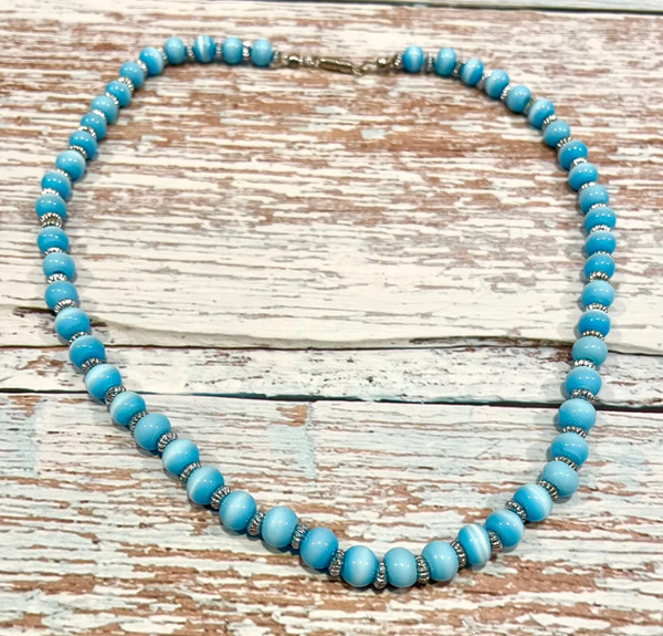 Turquoise Blue Cat Eye Beaded Necklace with Silver Spacers