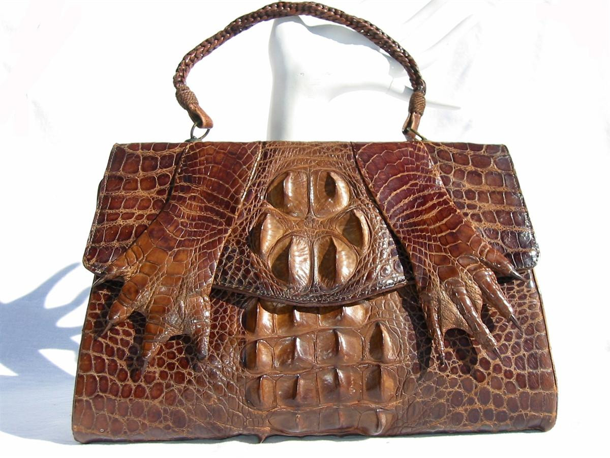 Stunning 1940's Brown Antique Hornback CROCODILE Purse w/Paws