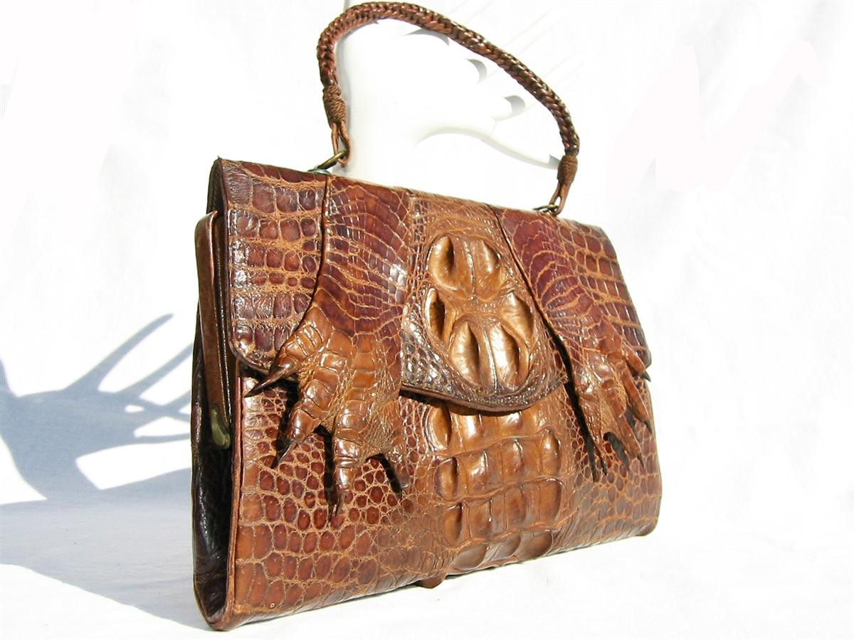 Stunning 1940's Brown Antique Hornback CROCODILE Purse w/Paws