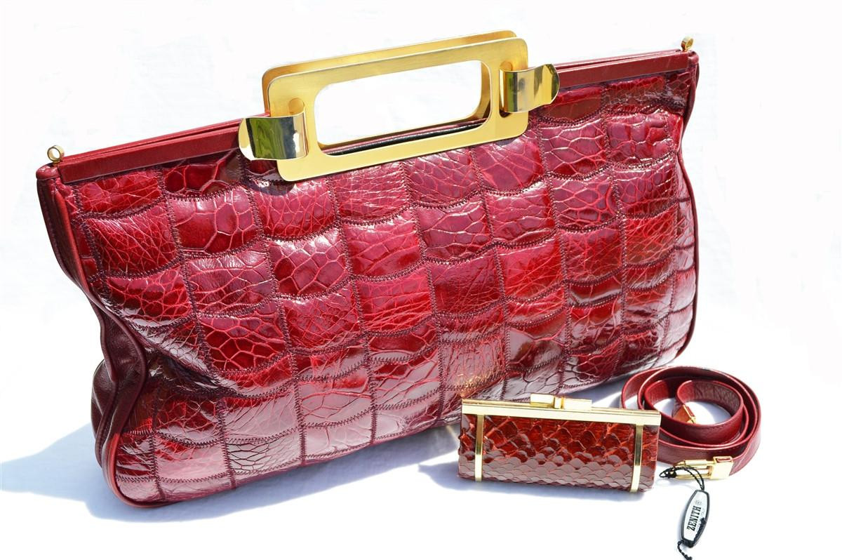 XXL 1990's Burgundy Red ZENITH Patchwork CROCODILE Skin TOTE