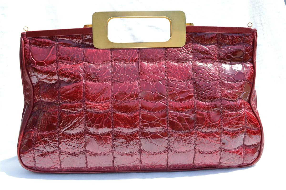 XXL 1990's Burgundy Red ZENITH Patchwork CROCODILE Skin TOTE