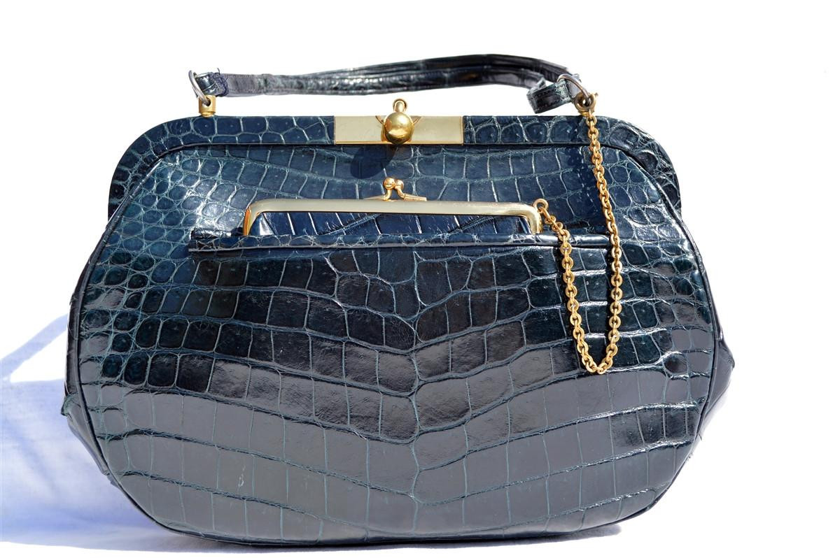 KORET 1940's-50's NAVY BLUE Alligator Skin Shoulder Bag w/Purse