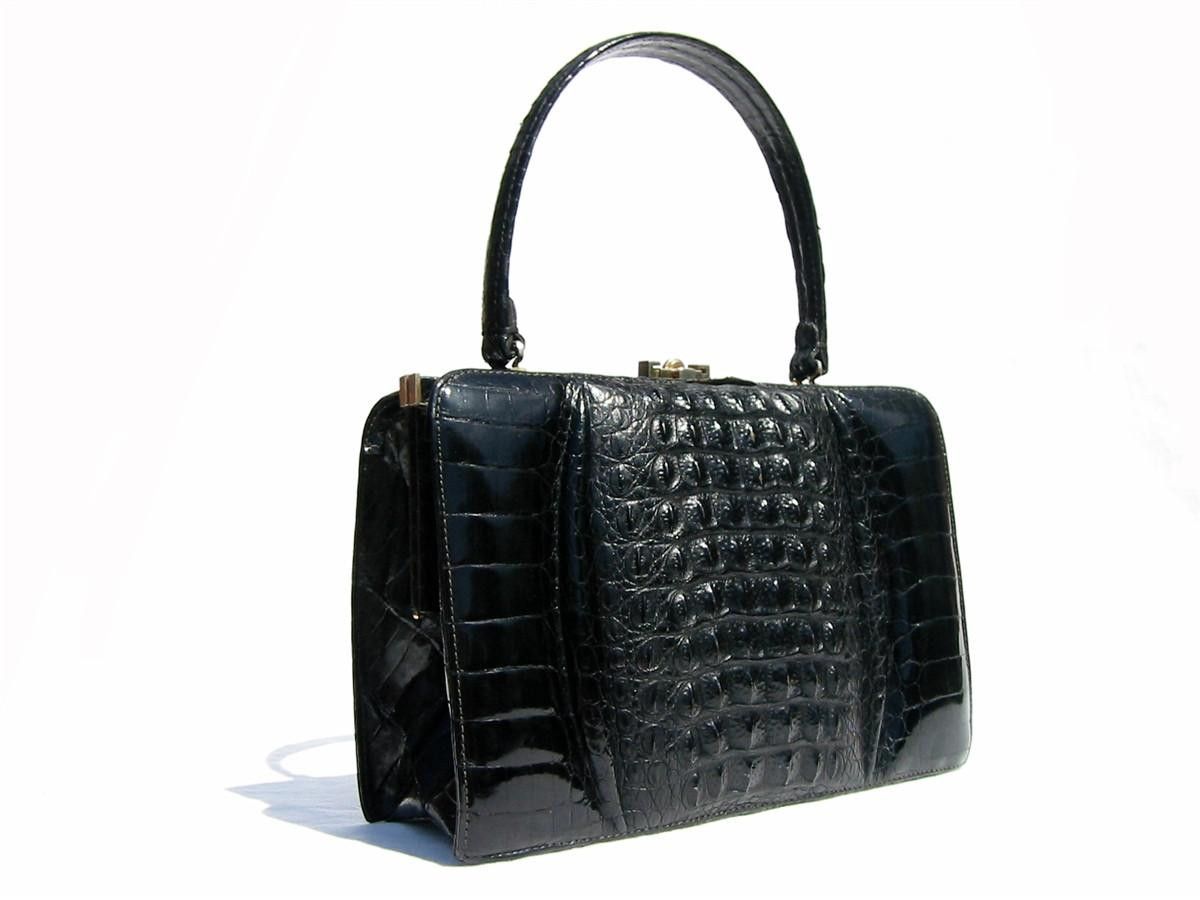 Fabulous JET BLACK 1950's-60's Hornback CROCODILE Handbag