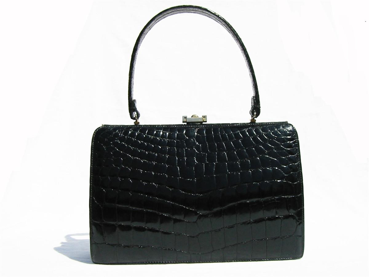 Fabulous JET BLACK 1950's-60's Hornback CROCODILE Handbag