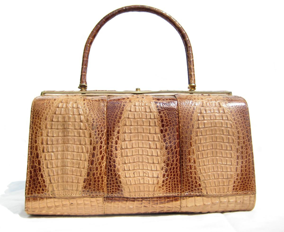 Lot De 3 Pochettes Soirée En Cuir Crocodile Vintage - Camel, Doublure Cuir Beige - Occasion
