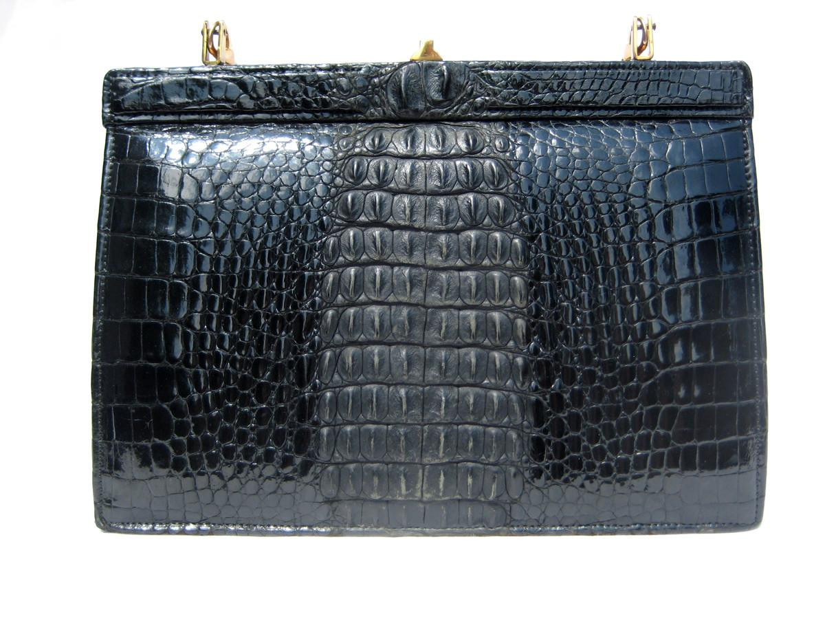 Stunning JET BLACK 1950's-60's Hornback CROCODILE Shoulder Bag w Stunning JET BLACK 1950's-60's Hornback CROCODILE Shoulder Bag w
