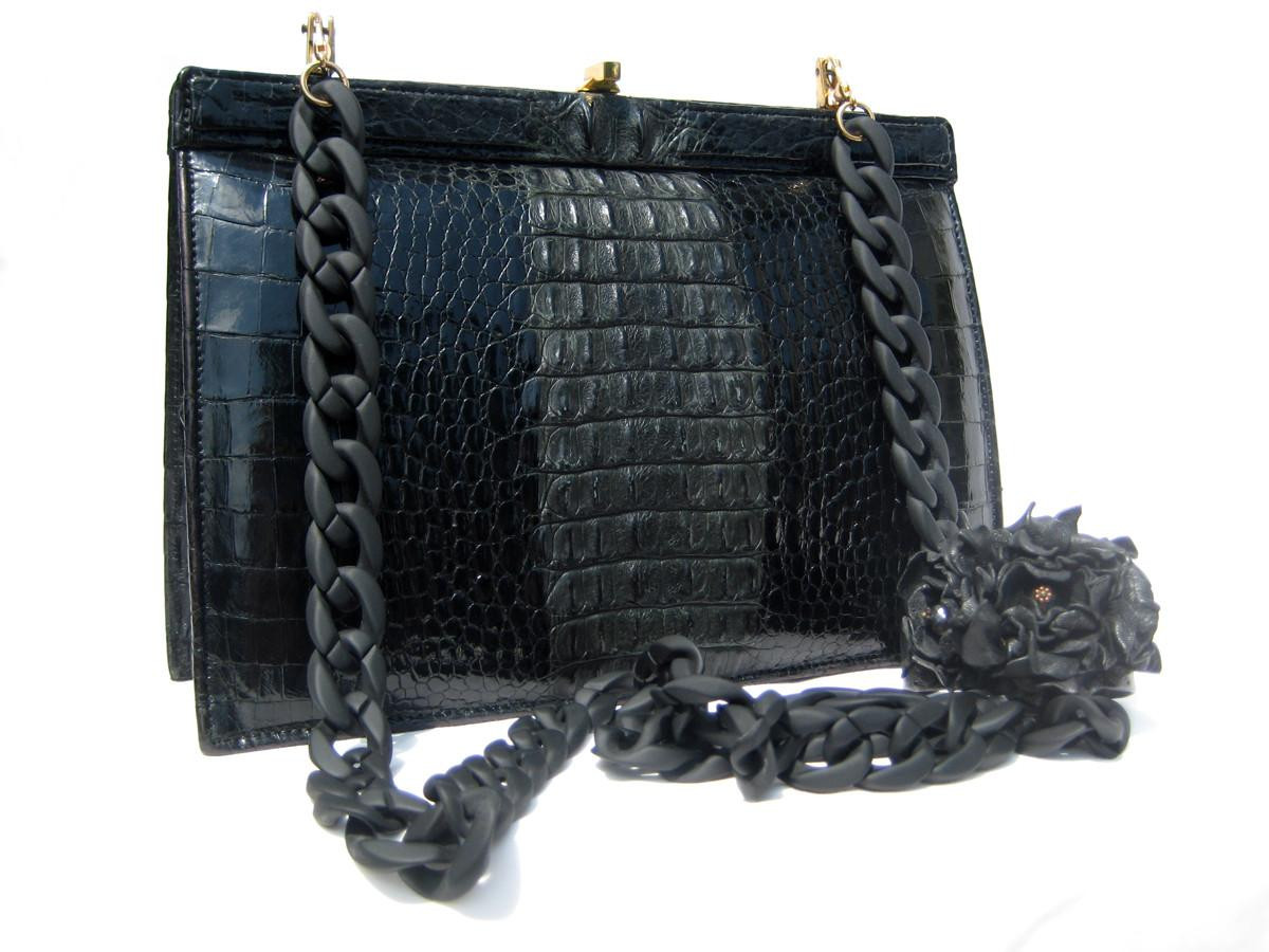 Stunning JET BLACK 1950's-60's Hornback CROCODILE Shoulder Bag w