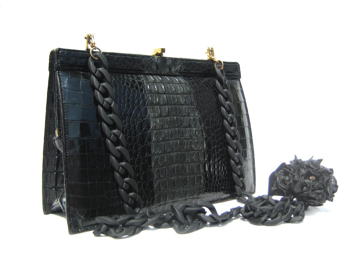 Stunning JET BLACK 1950's-60's Hornback CROCODILE Shoulder Bag w Stunning JET BLACK 1950's-60's Hornback CROCODILE Shoulder Bag w