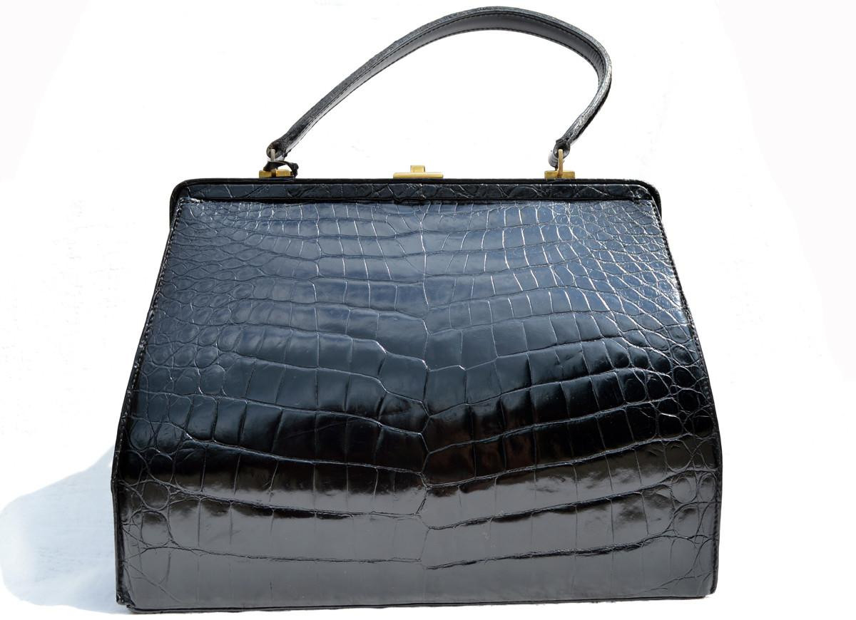 Rare 1950'-60's BLACK Alligator Belly Skin SAC MALLETTE Handbag