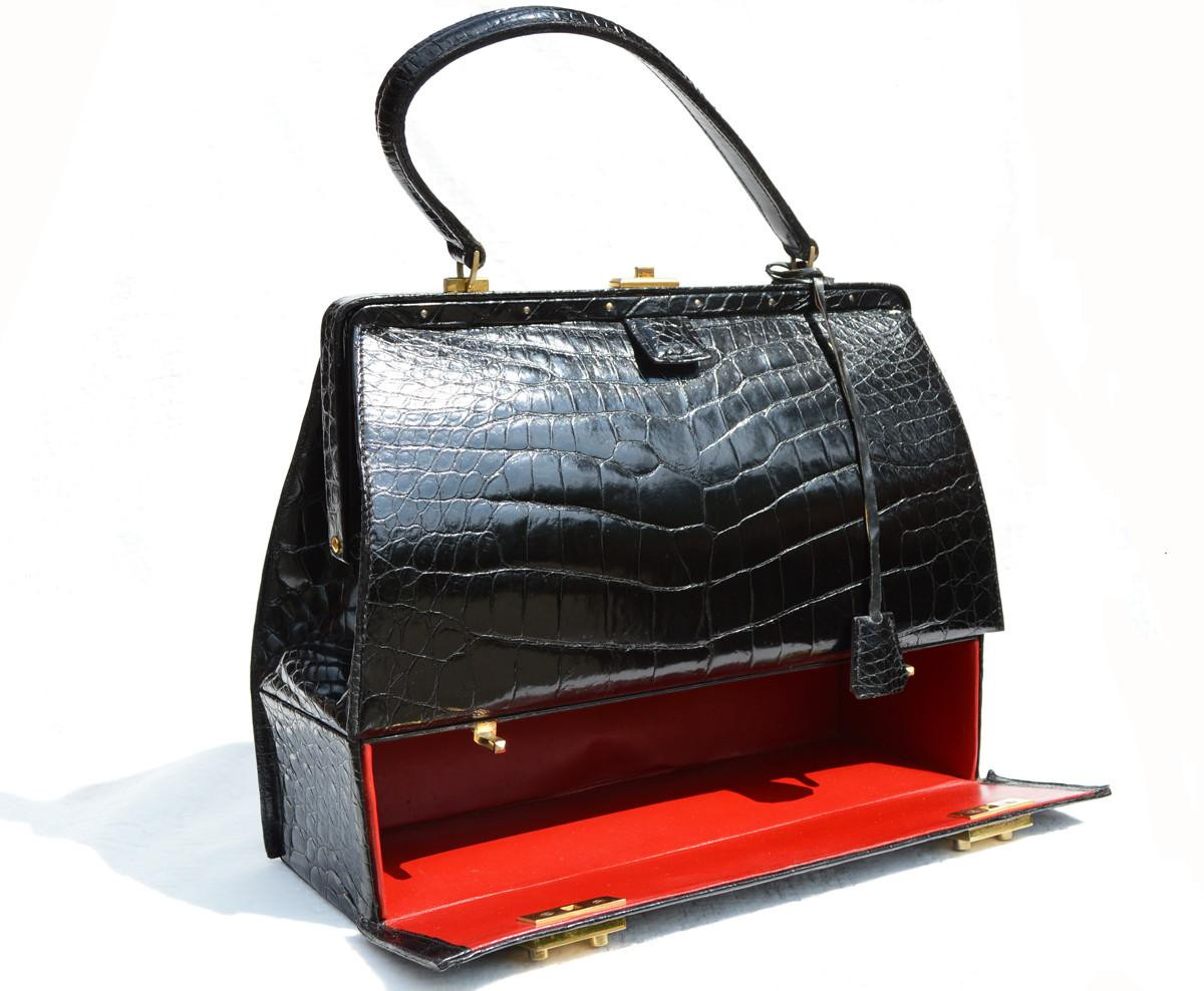 Rare 1950'-60's BLACK Alligator Belly Skin SAC MALLETTE Handbag