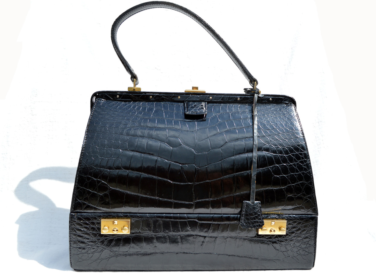Rare 1950'-60's BLACK Alligator Belly Skin SAC MALLETTE Handbag ...