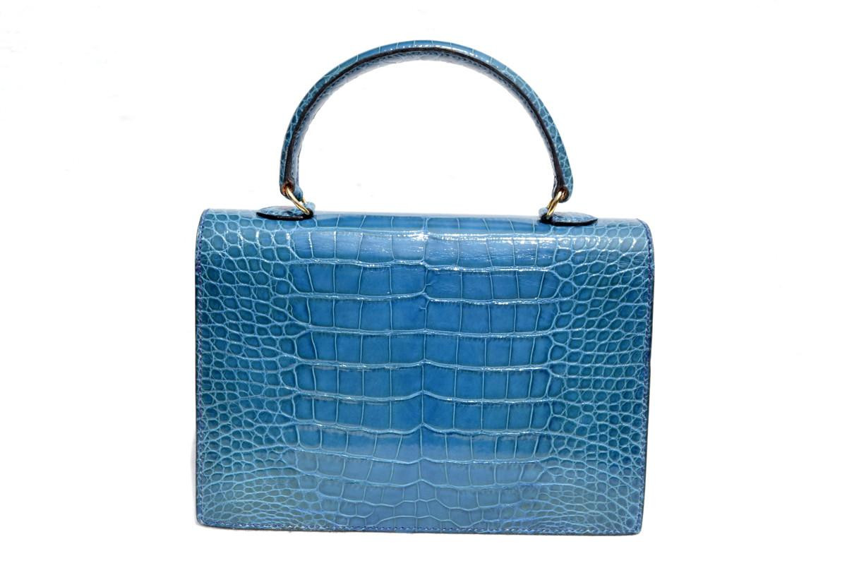 Cerulean BLUE 1990's Hermes Style CROCODILE Porosus Skin Handbag