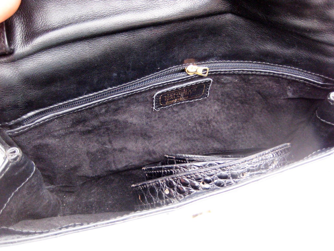 Classic Jet Black 1980s 1990s Alligator Belly Skin Clutch Shoulder Bag Donna Elissa 