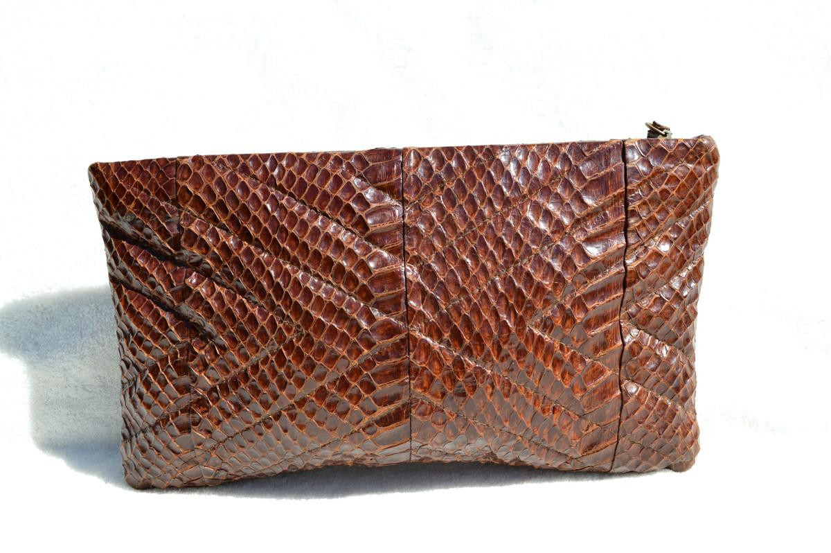1960's-70's Brown Quilted COBRA Snake Skin CLUTCH Bag w/Change