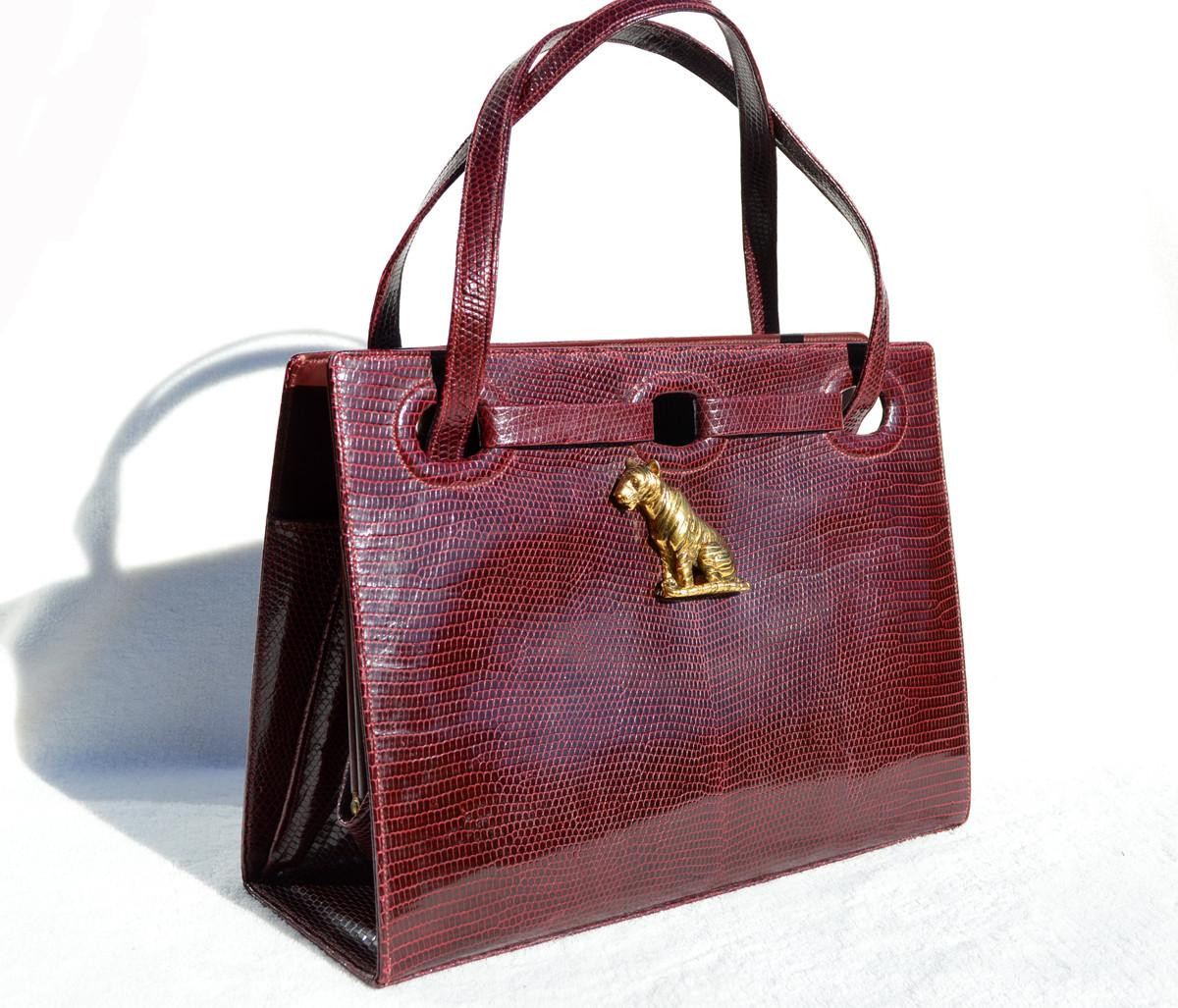 【美品】Lizard skin リザード 蜥蜴革/特殊加工染め/ハンドバッグ OXBLOOD Red 1960's MARTIN VAN SCHAAK Lizard Skin Handbag - TIGER