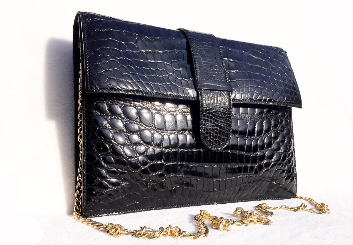 Stunning XL 1990's Jet BLACK CROCODILE Belly Skin CLUTCH Shoulder