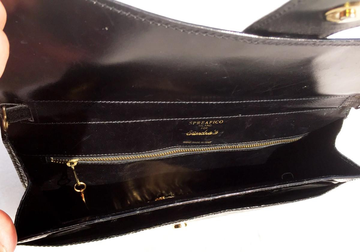 Stunning XL 1990's Jet BLACK CROCODILE Belly Skin CLUTCH Shoulder