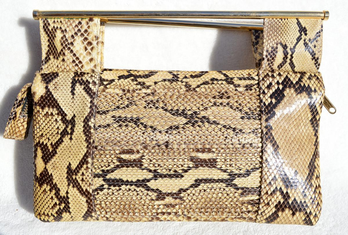 70s 美品diamond Python handbag シリアル付　希少 1970's-80's Susan Gail Pleated PYTHON Snake Skin CLUTCH Handbag