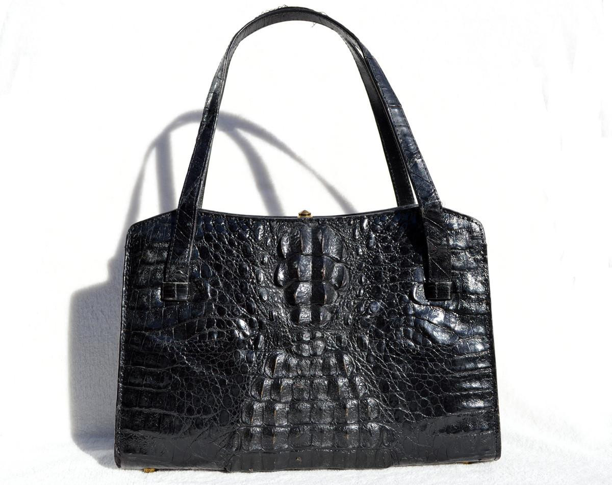 JET BLACK 1950's-60's Hornback CROCODILE Handbag - Vintage Skins