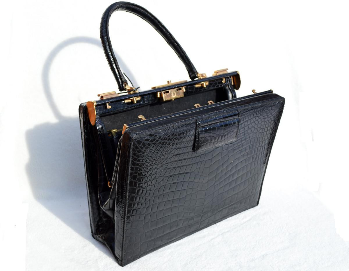 XXL Stunning 1960's MORABITO Paris Jet Black CROCODILE Porosus