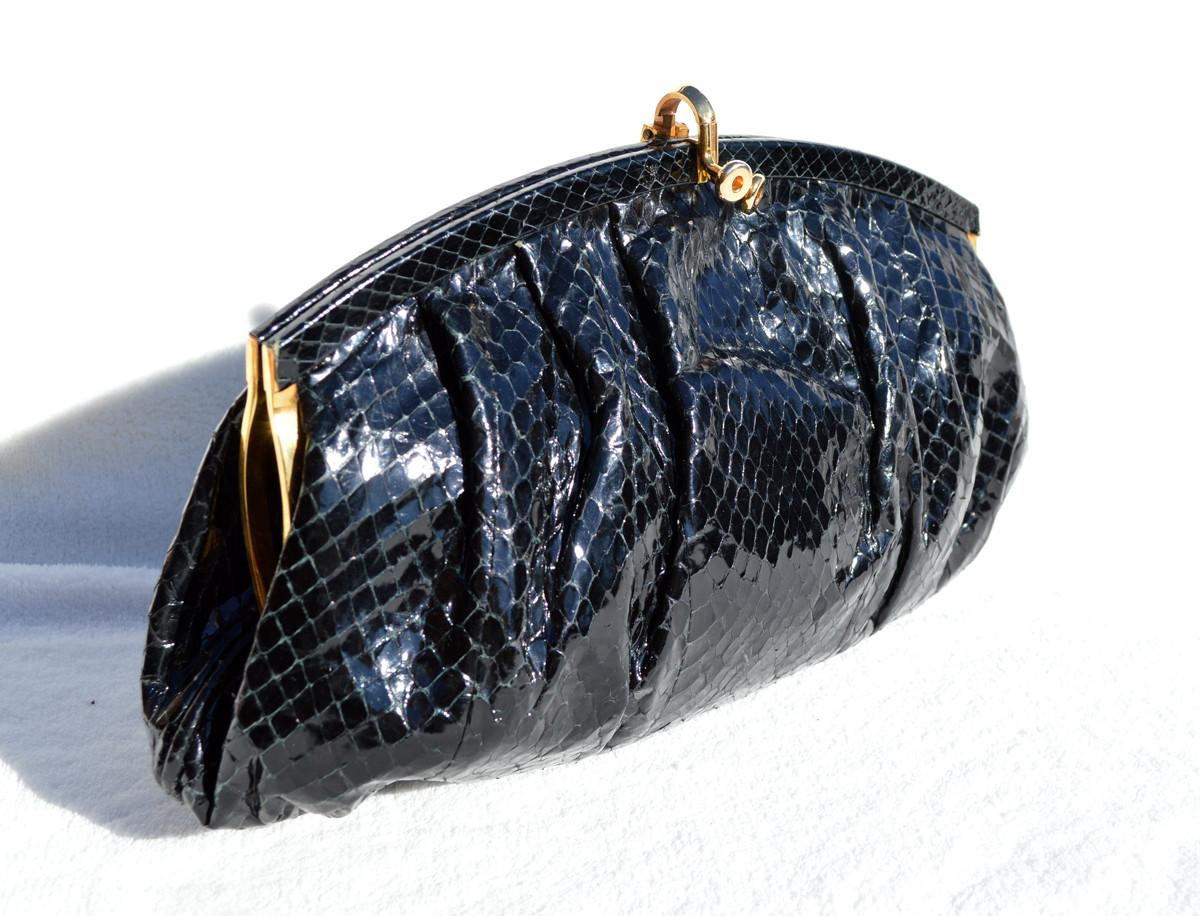 1970's-80's BLACK Susan Gail COBRA Snake Skin CLUTCH Shoulder Bag