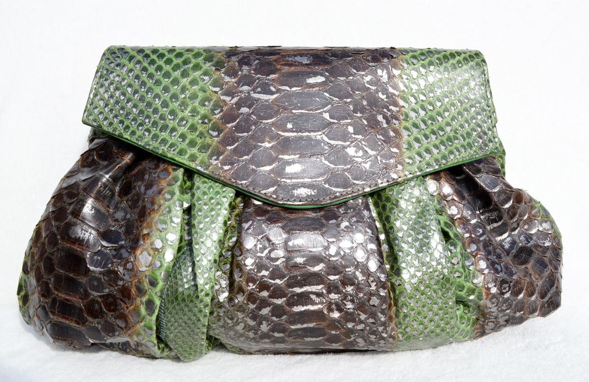 Stunning XL Metallic GREEN & BROWN PYTHON Snake Skin Clutch