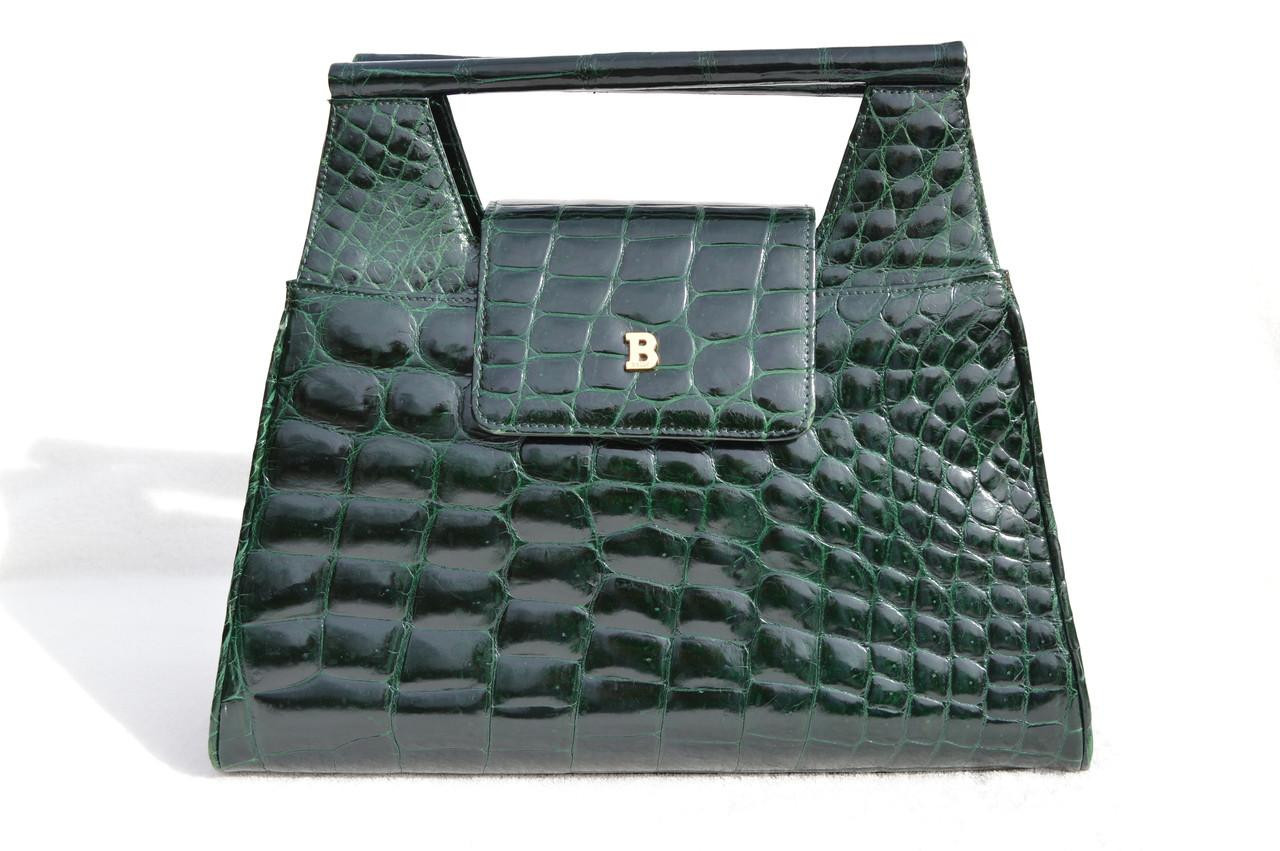 Stunning FOREST GREEN 1990's CROCODILE Belly Skin Handbag Shoulder