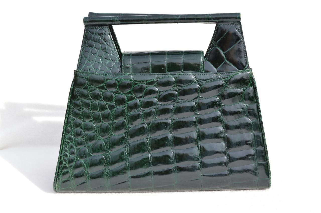 Stunning FOREST GREEN 1990's CROCODILE Belly Skin Handbag Shoulder