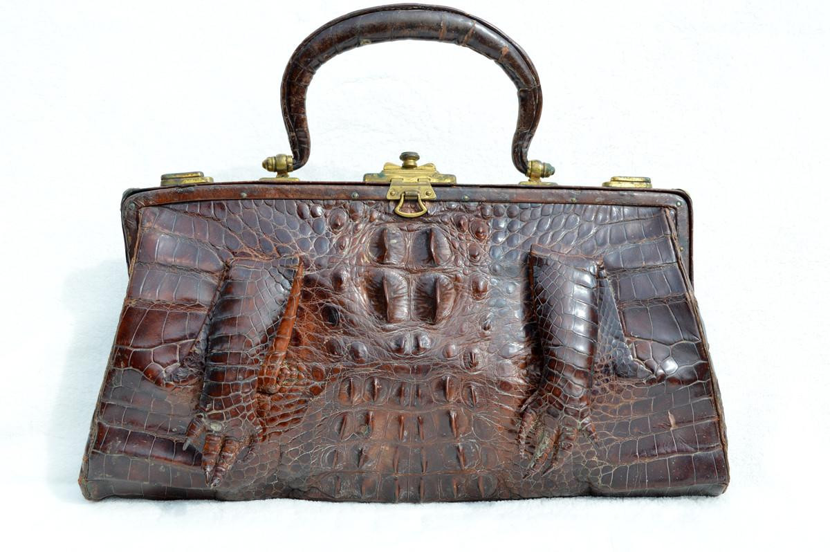 Unique Early 1900's Chocolate Brown Edwardian Alligator Handbag w