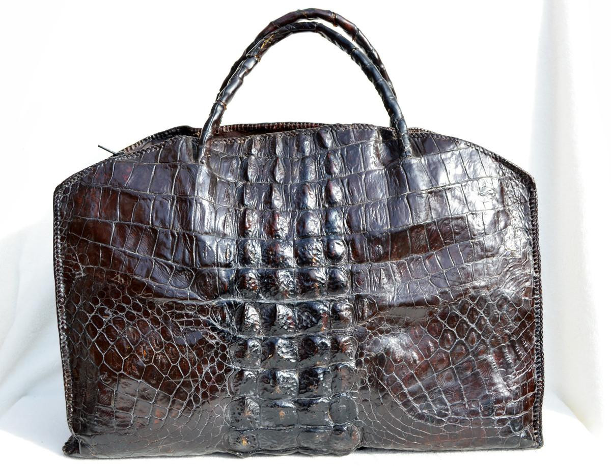 HUGE Black 1940's Hornback Crocodile Skin Carry-On Bag Luggage