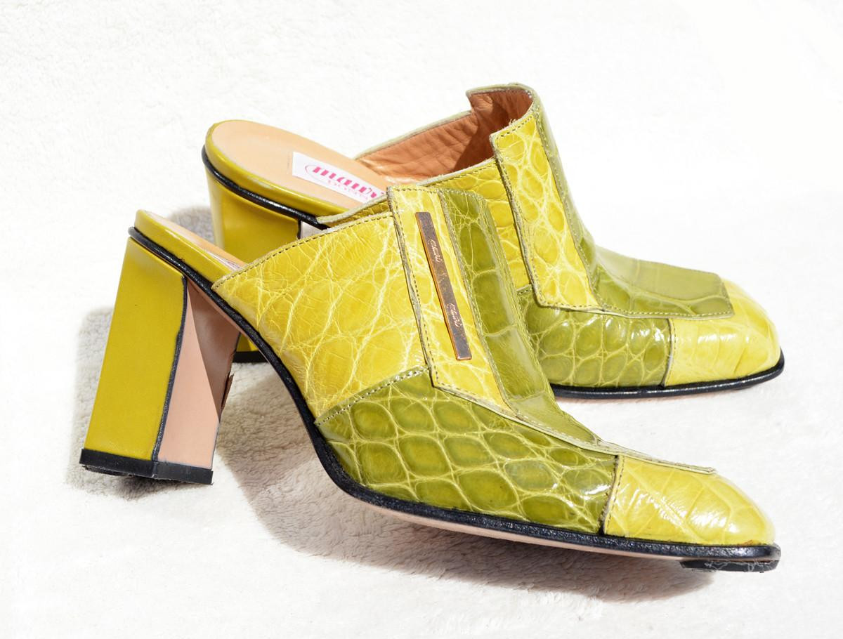 Early 2000's Lemon Apple Green Genuine CROCODILE Mauri Mules Heels