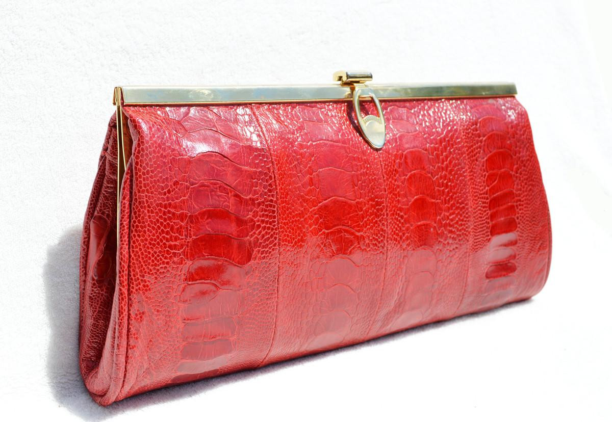 Stunning RED 1980's OSTRICH LEG Clutch Bag - CORBEAU CURIO