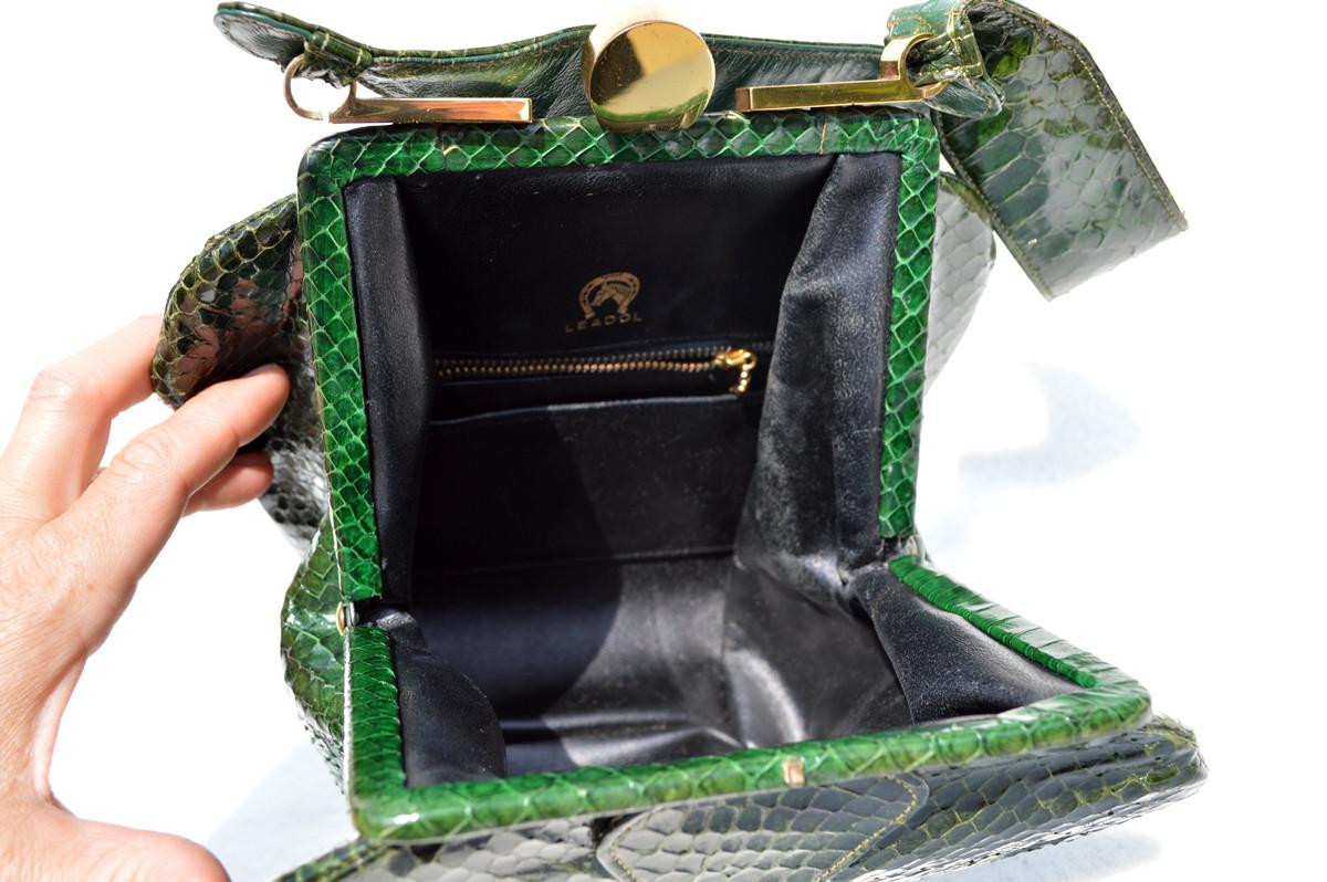 GREEN 1940's-50's Deco Style COBRA Snake Skin Handbag by LEADOL