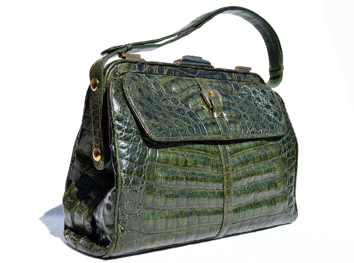 XL Dark GREEN 1990's Locking CROCODILE Belly Skin Satchel SHOULDER