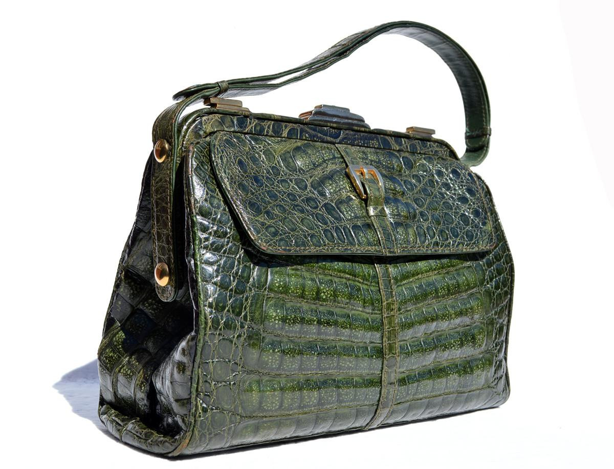 XL Dark GREEN 1990's Locking CROCODILE Belly Skin Satchel SHOULDER