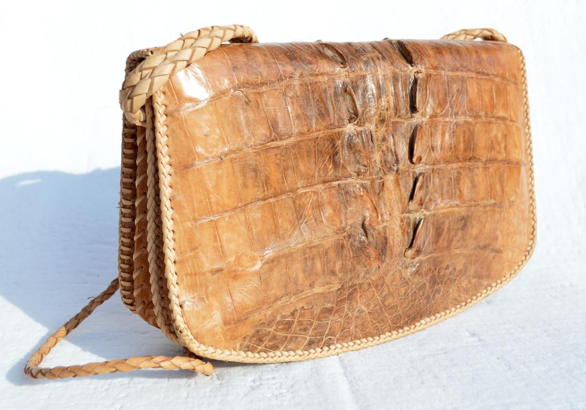 Tan & Gray BOHO Style 1960's Hornback Crocodile Skin CROSS BODY