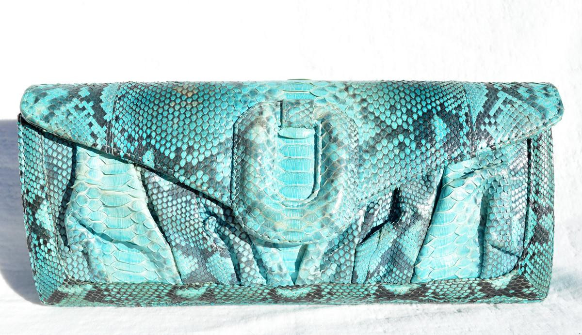 Early 2000's TURQUOISE Blue PYTHON Snake Skin CLUTCH Shoulder Bag