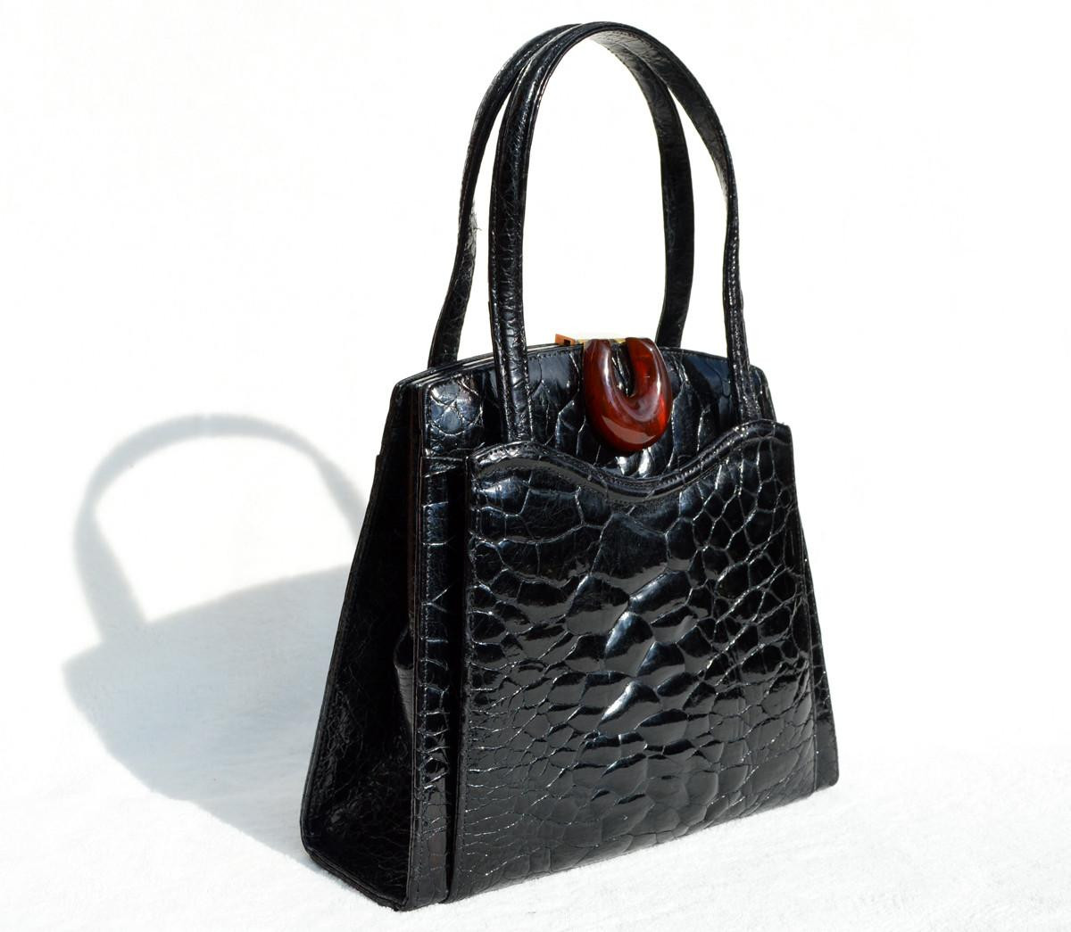 Stunning Jet Black 1950's-1960's TURTLE Skin Handbag - BAKELITE