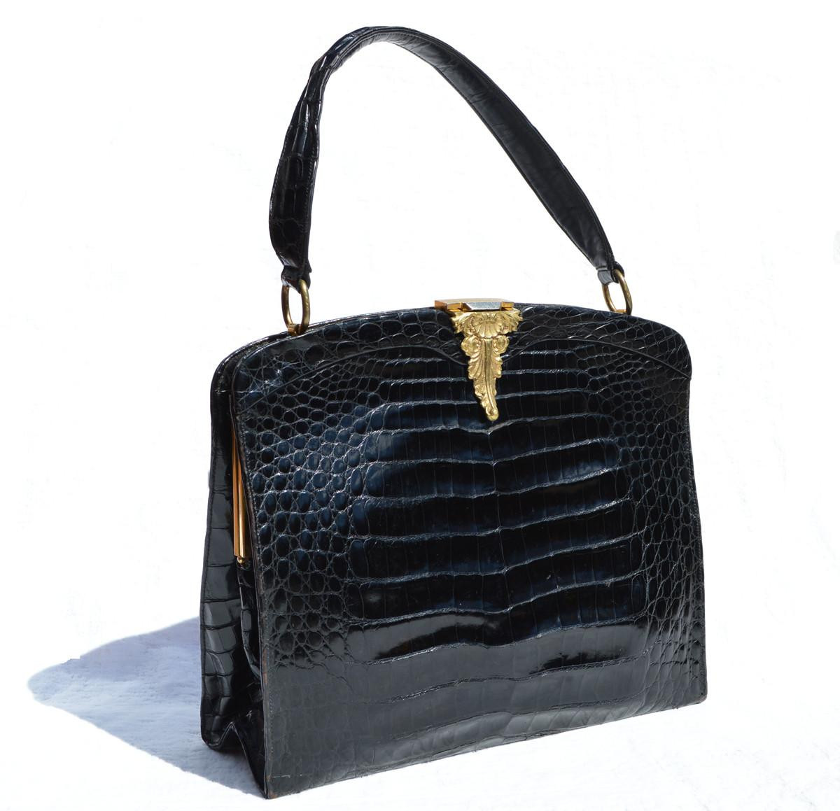 Amazing ROSENFELD 1950's-60's BLACK Alligator Belly Skin Handbag